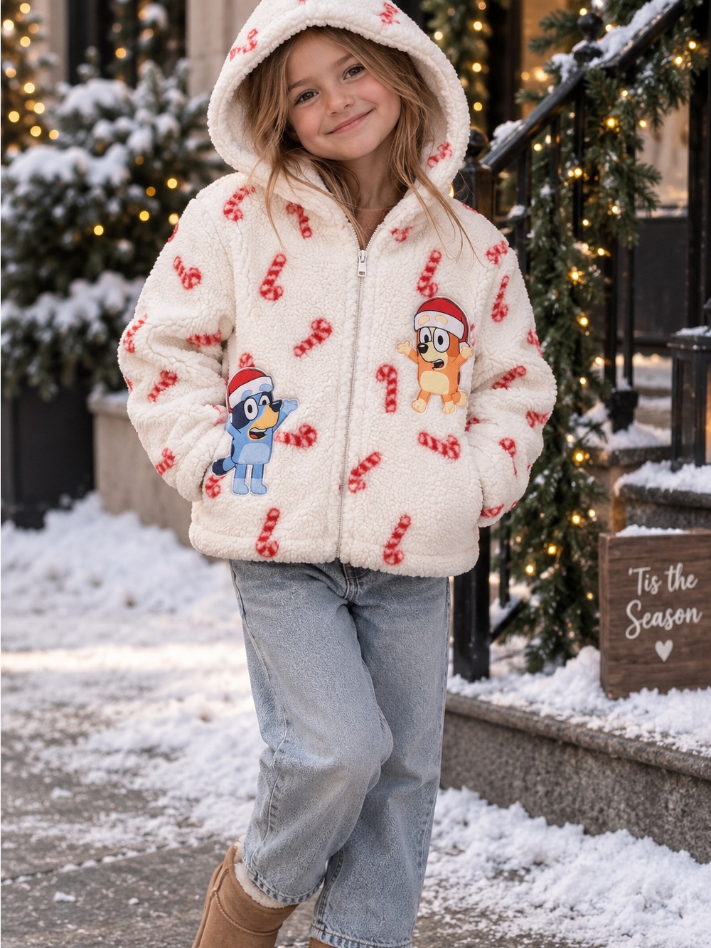 Cream Kids Sherpa Hoodie Jacket with Festive Candy Cane Print